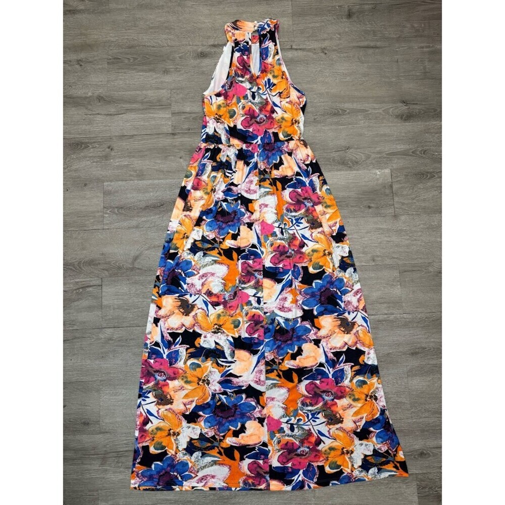Floral Halter Maxi Dress Gold Waist Detail Tropical Resort Large - Picture 7 of 8